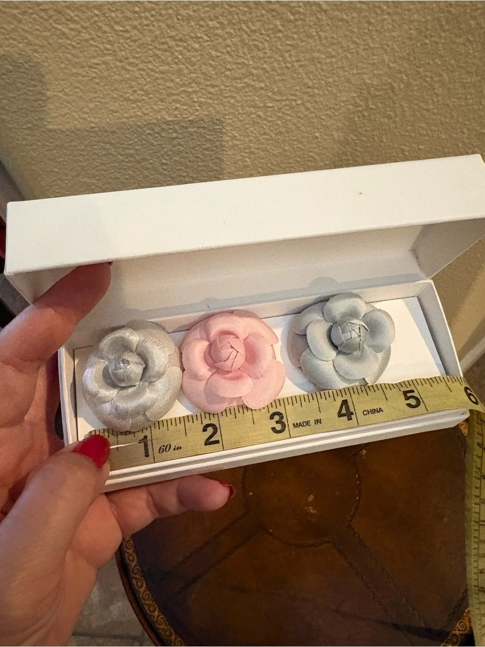 Auth CHANEL Camellia Fabric Mini Pins in Silver & Pink Set of 3 and Shopping Bag